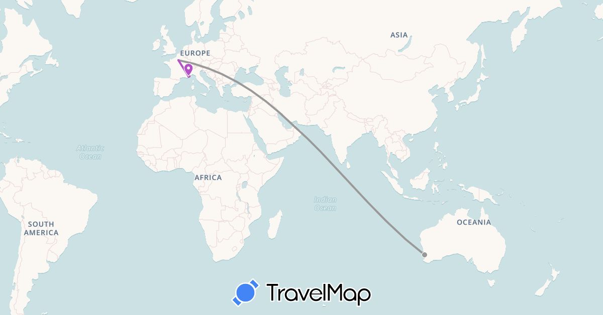 TravelMap itinerary: driving, plane, train in United Arab Emirates, Australia, France, Monaco (Asia, Europe, Oceania)